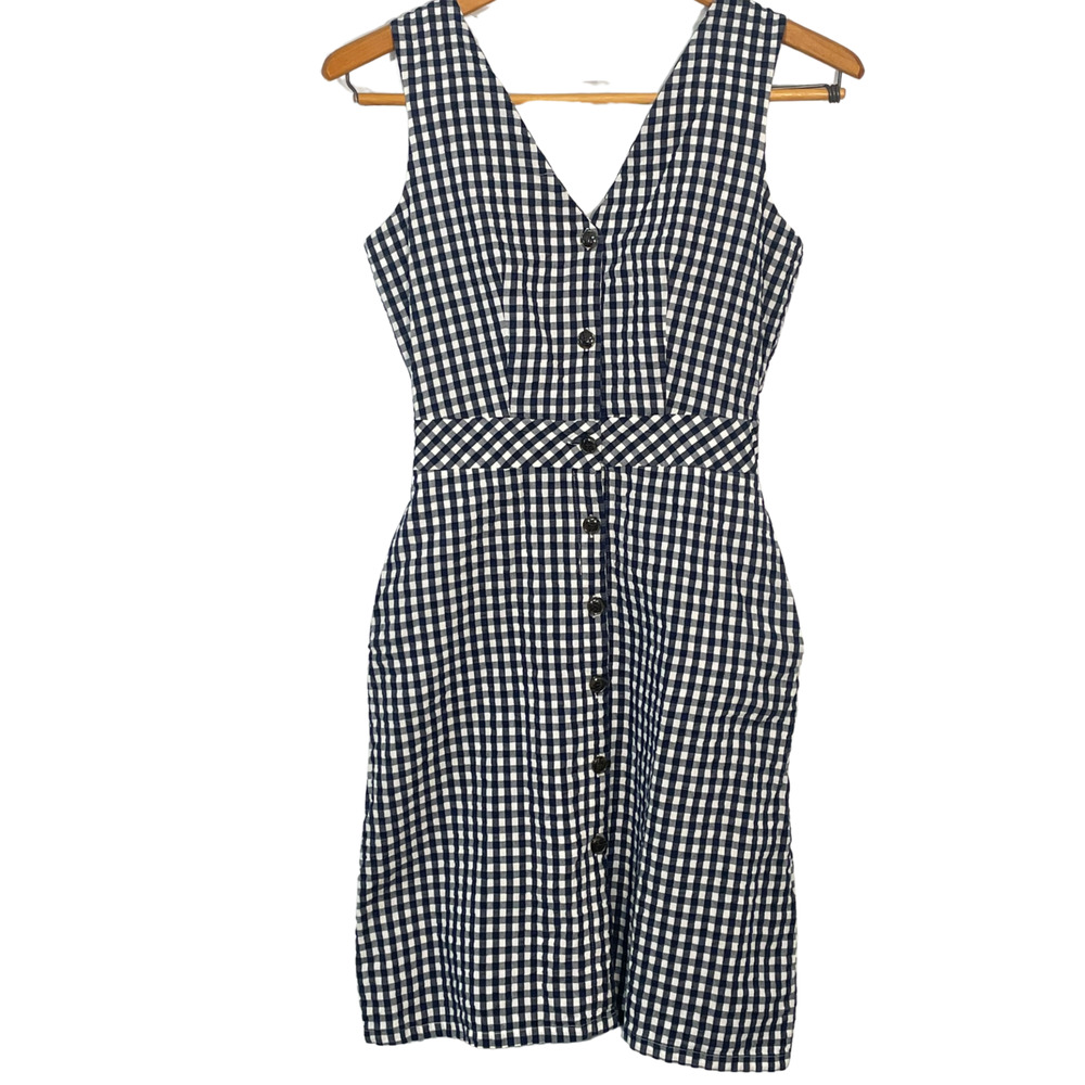 J Crew Sz 00 V-Neck Button Front Vest Dress Sleeveless Navy Blue Gingham Preppy